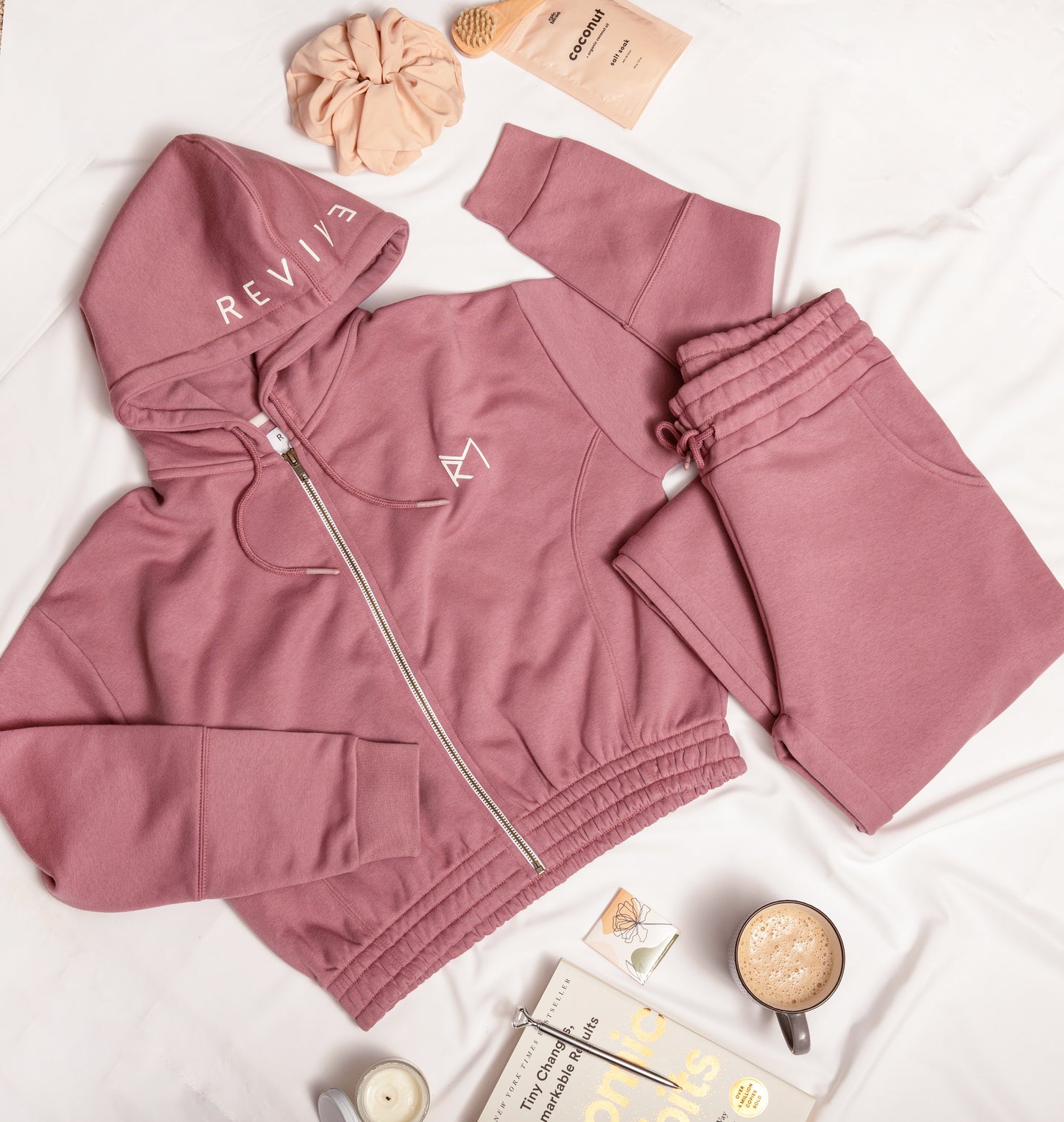 Two Piece Lounge Set. Cropped Zip Hoodie and Jogger - Mauve