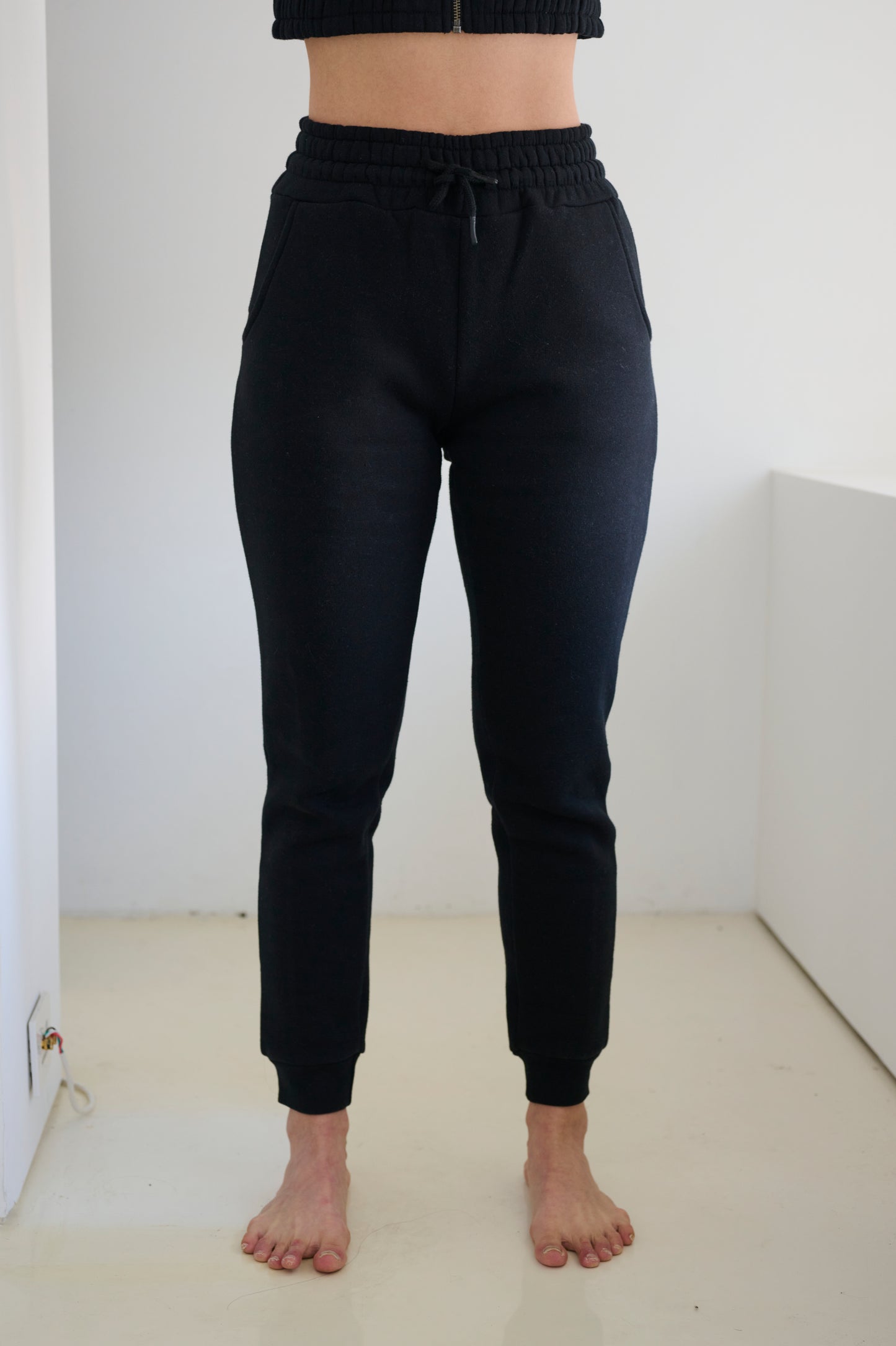 Two Piece Lounge Set. Cropped Zip Hoodie and Jogger - Black