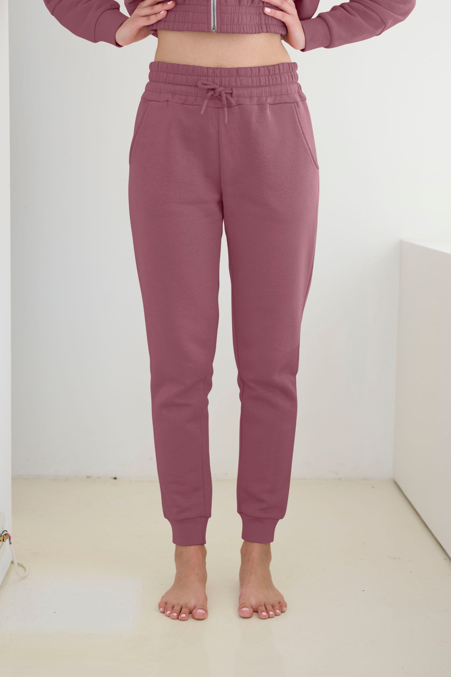 Two Piece Lounge Set. Cropped Zip Hoodie and Jogger - Mauve