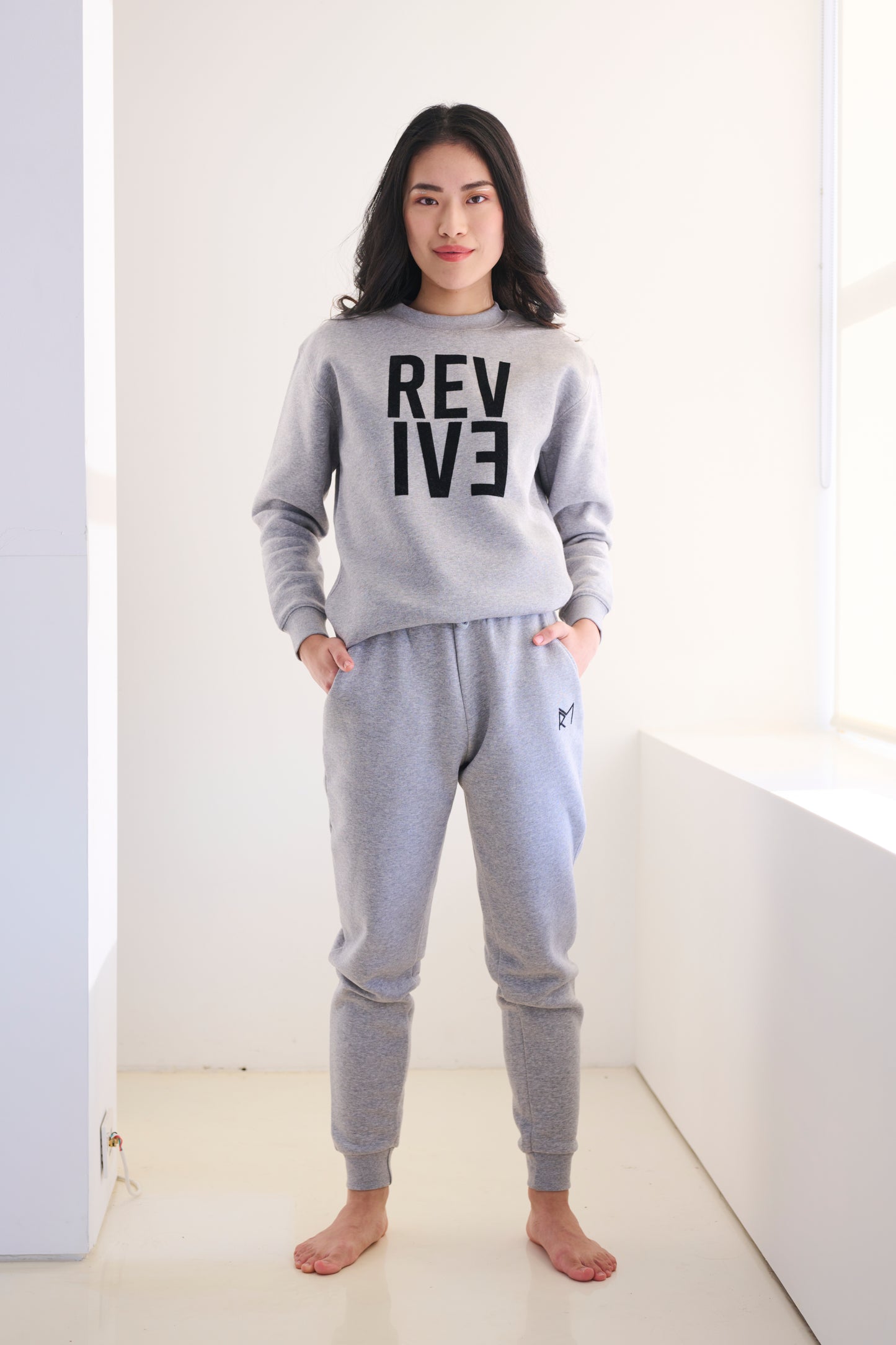 Two Piece Lounge Set. Crew Neck Jumper and Jogger - Grey Heather