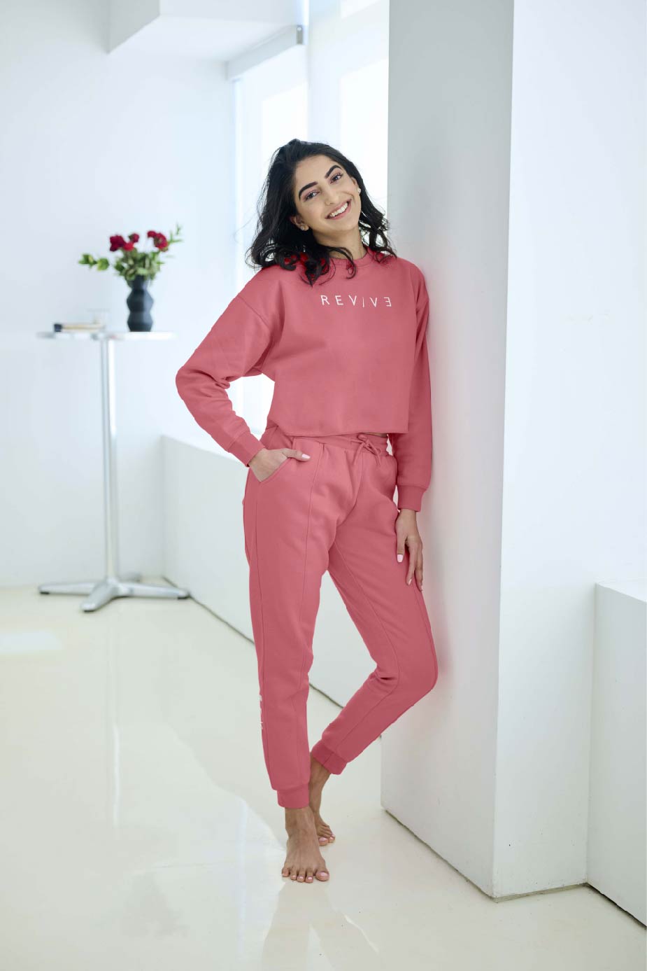 Two Piece Lounge Set. Cropped Sweatshirt and Jogger - Dusty Rose