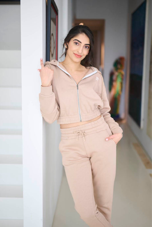 Two Piece Lounge Set. Cropped Zip Hoodie and Jogger - Taupe